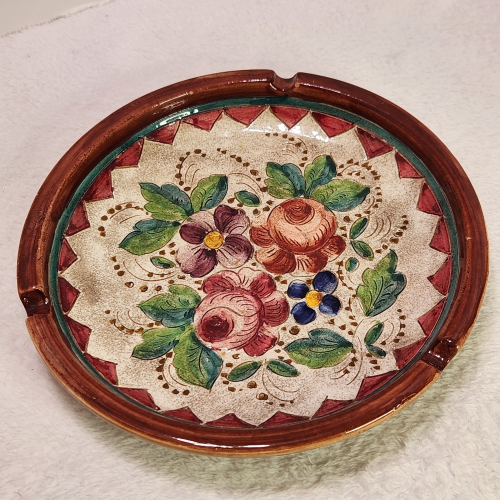 🤎 Vintage Italian Hand-Painted Ceramic Ashtray with Floral Design 9½"